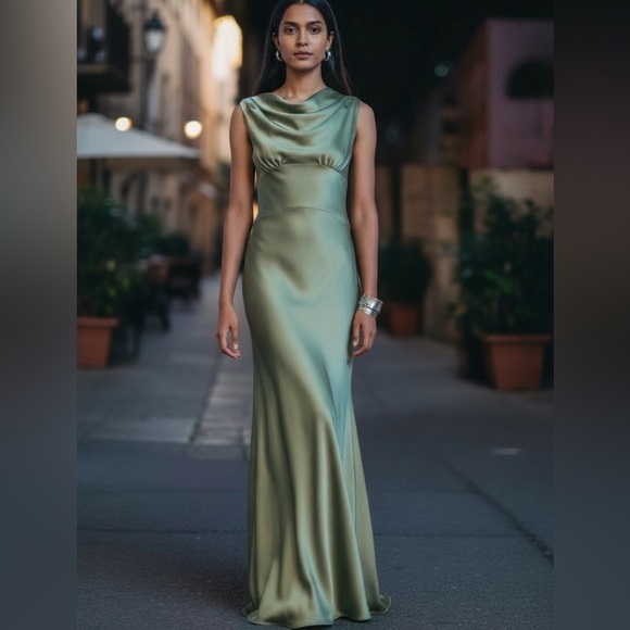 Reformation Satin Maxi Dress Sage Green tag 12 tailored to fit size 10 long - Picture 1 of 8
